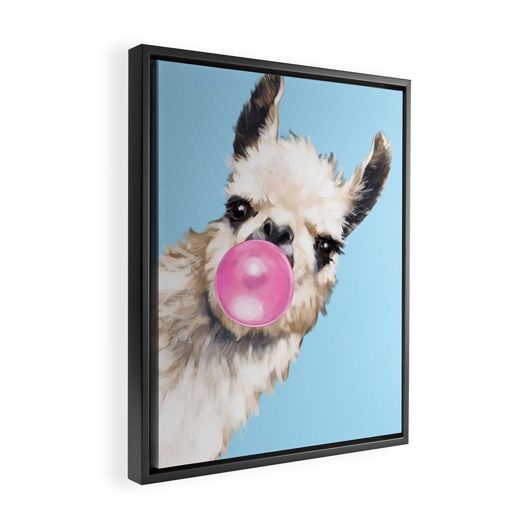 Bubble Gum Sneaky Llama in Blue Framed Canvas Print Gallery Image 2
