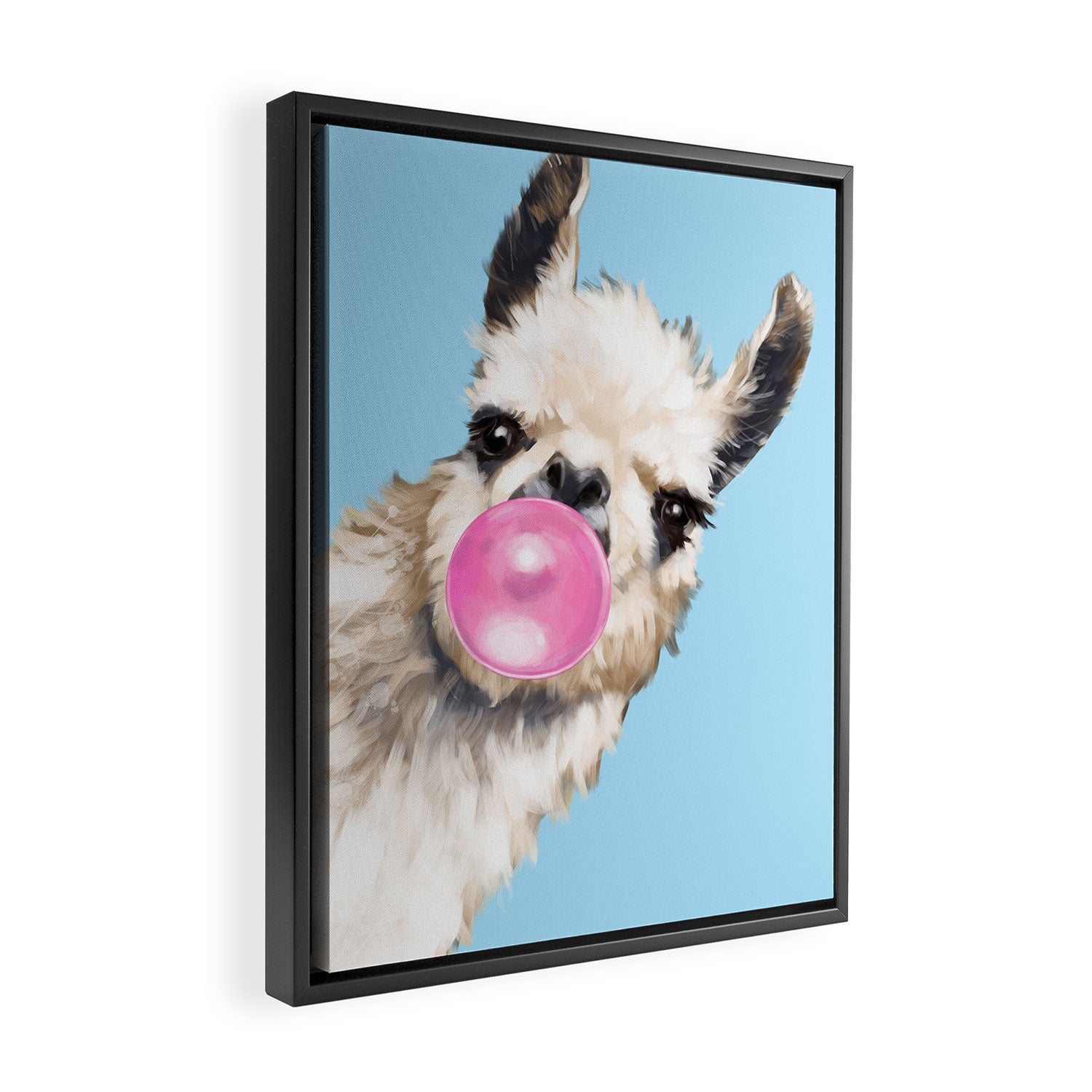 Bubble Gum Sneaky Llama in Blue Framed Canvas Print Gallery Image 2