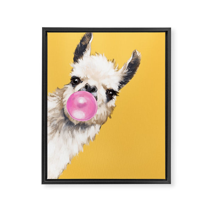 Bubble Gum Sneaky Llama in Yellow Framed Canvas Print Gallery Image 1