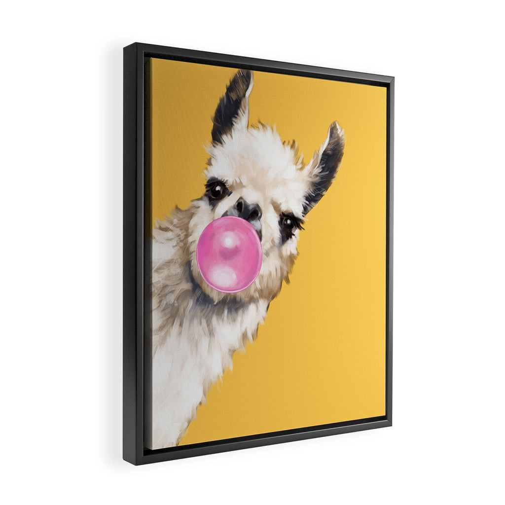 Bubble Gum Sneaky Llama in Yellow Framed Canvas Print Gallery Image 2