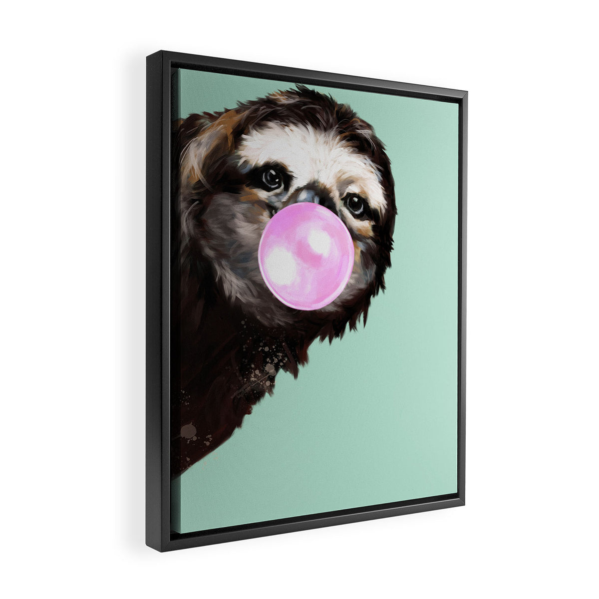 Bubble Gum Sneaky Sloth in Green Framed Canvas Print Gallery Image 2