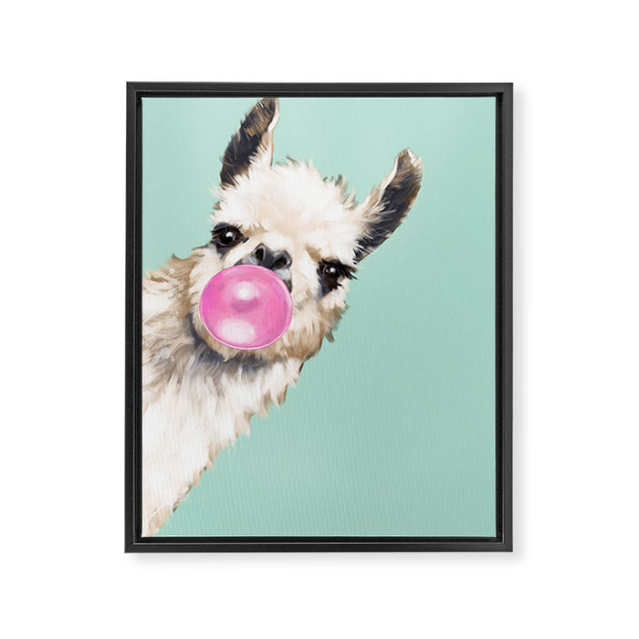 Bubblegum Sneaky Llama in Green Framed Canvas Print Gallery Image 1