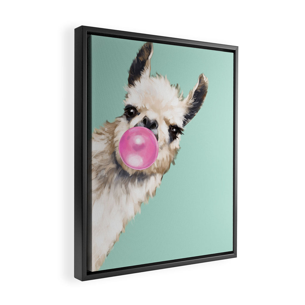 Bubblegum Sneaky Llama in Green Framed Canvas Print Gallery Image 2
