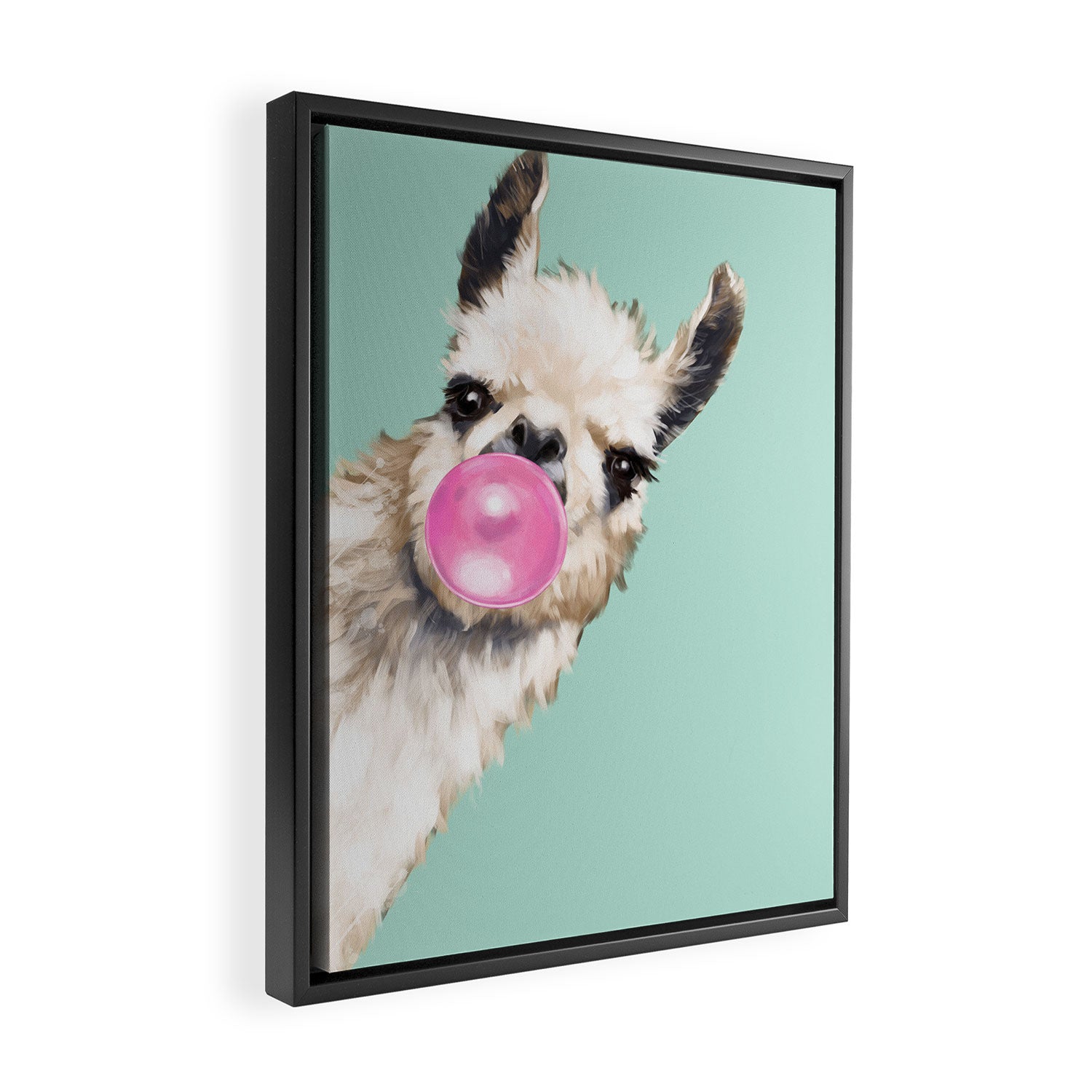 Bubblegum Sneaky Llama in Green Framed Canvas Print Gallery Image 2