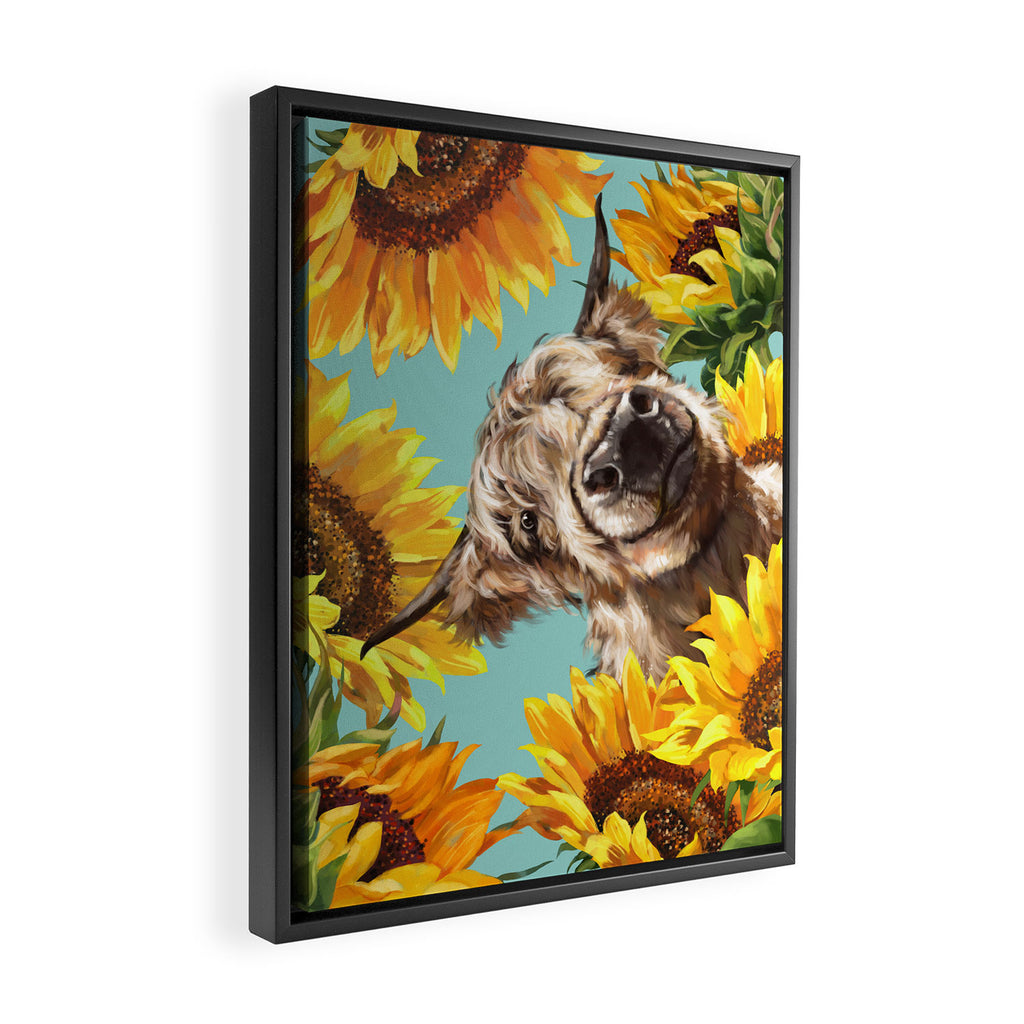 Highland Cow with Sunflowers in Blue Framed Canvas Print Gallery Image 2
