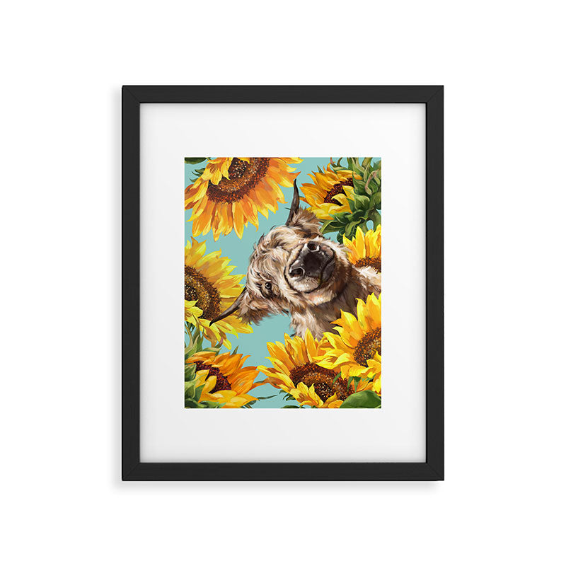 Highland Cow with Sunflowers in Blue Framed Art Print Gallery Image 4
