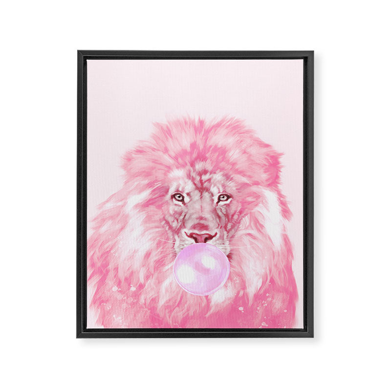 Lion Chewing Bubble Gum in Pink Framed Canvas Print Gallery Image 3