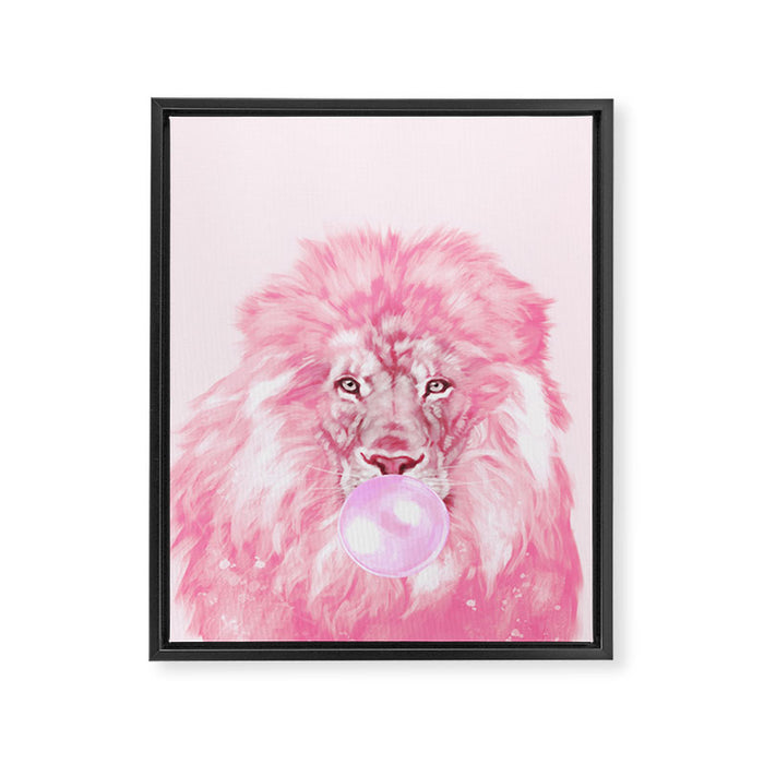 Lion Chewing Bubble Gum in Pink Framed Canvas Print Gallery Image 1