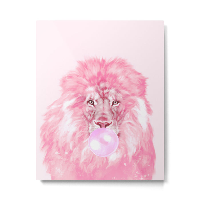 Lion Chewing Bubble Gum in Pink Metal Print Gallery Image 1