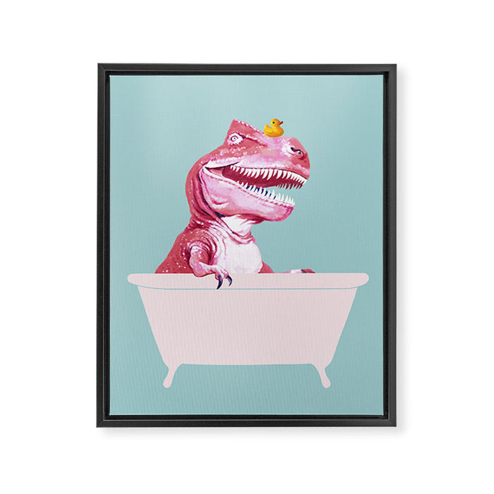 Pink T-Rex in Bathtub Framed Canvas Print Gallery Image 1
