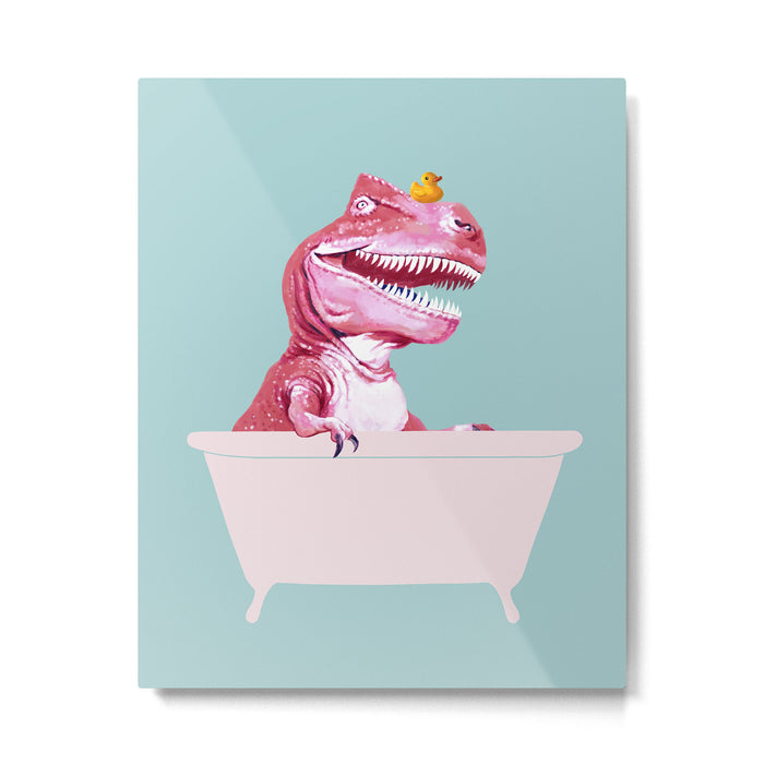 Pink T-Rex in Bathtub Metal Print Gallery Image 1