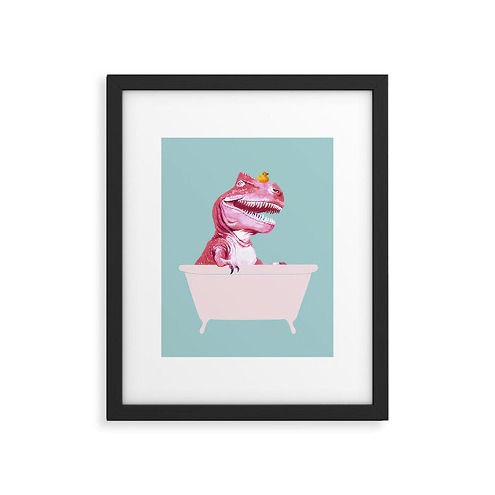 Pink T-Rex in Bathtub Framed Art Print Gallery Image 1
