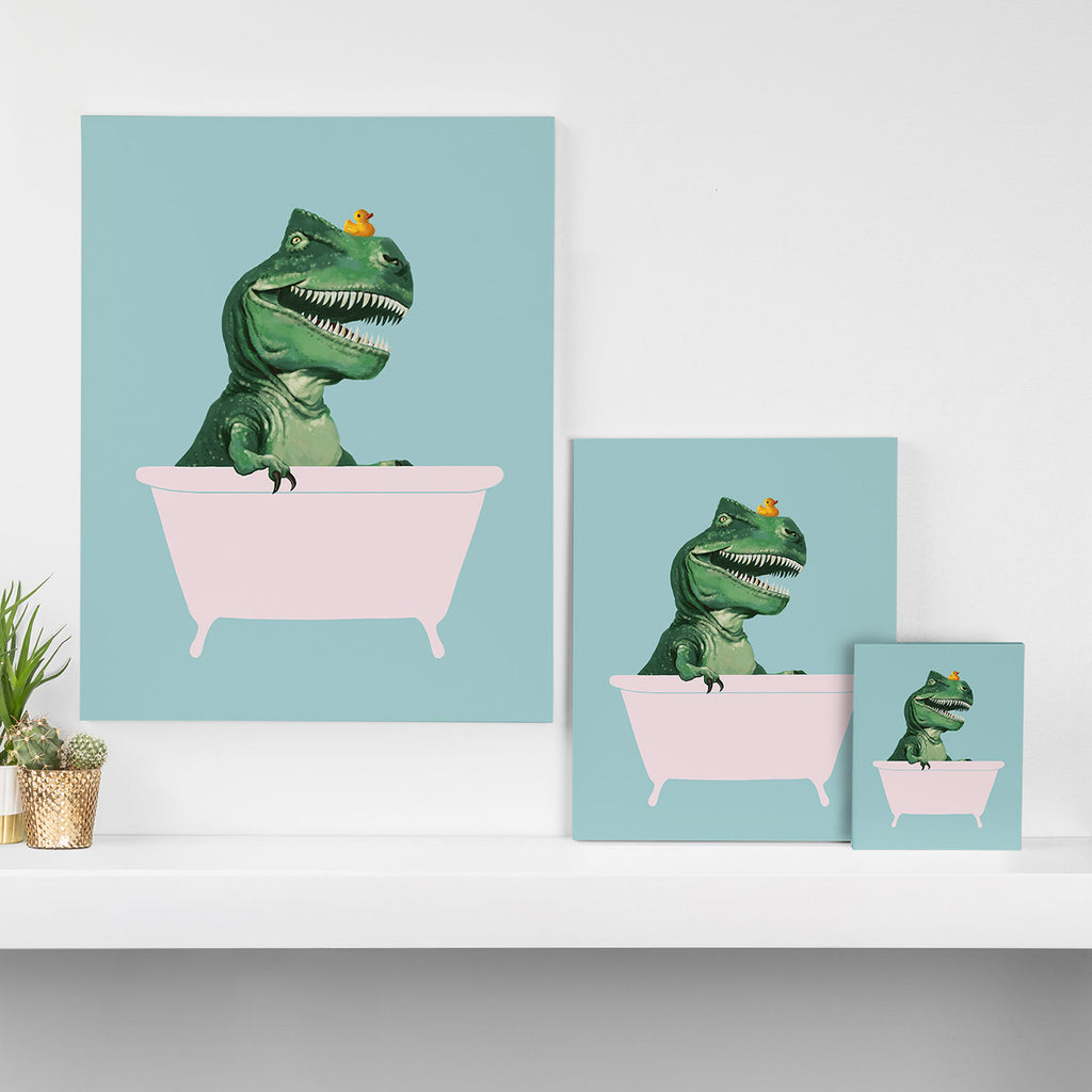 Playful T-Rex in Bathtub in Green Canvas Print Gallery Image 3