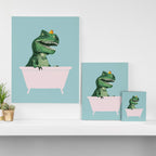 Playful T-Rex in Bathtub in Green Canvas Print Gallery Image 3