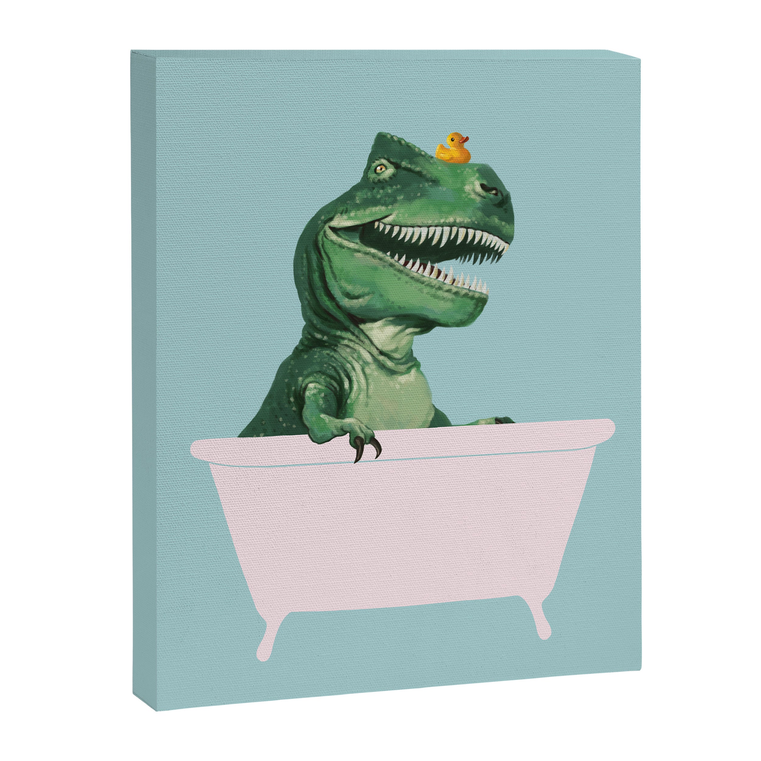Playful T-Rex in Bathtub in Green Canvas Print Gallery Image 3
