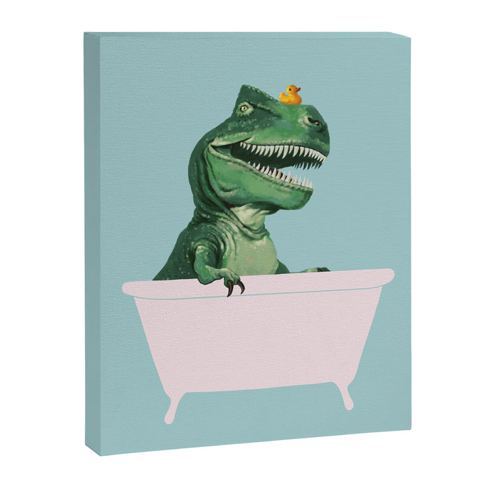 Playful T-Rex in Bathtub in Green Canvas Print Gallery Image 1
