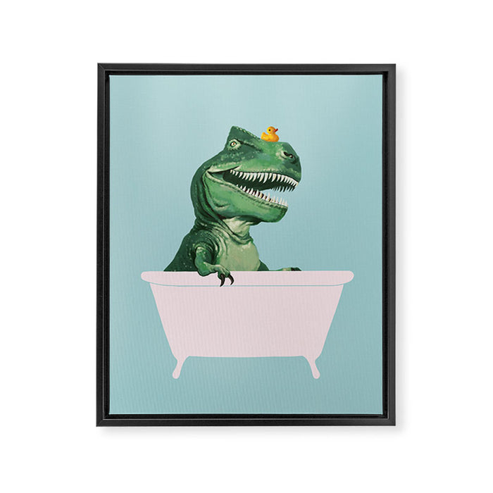 Playful T-Rex in Bathtub in Green Framed Canvas Print Gallery Image 1
