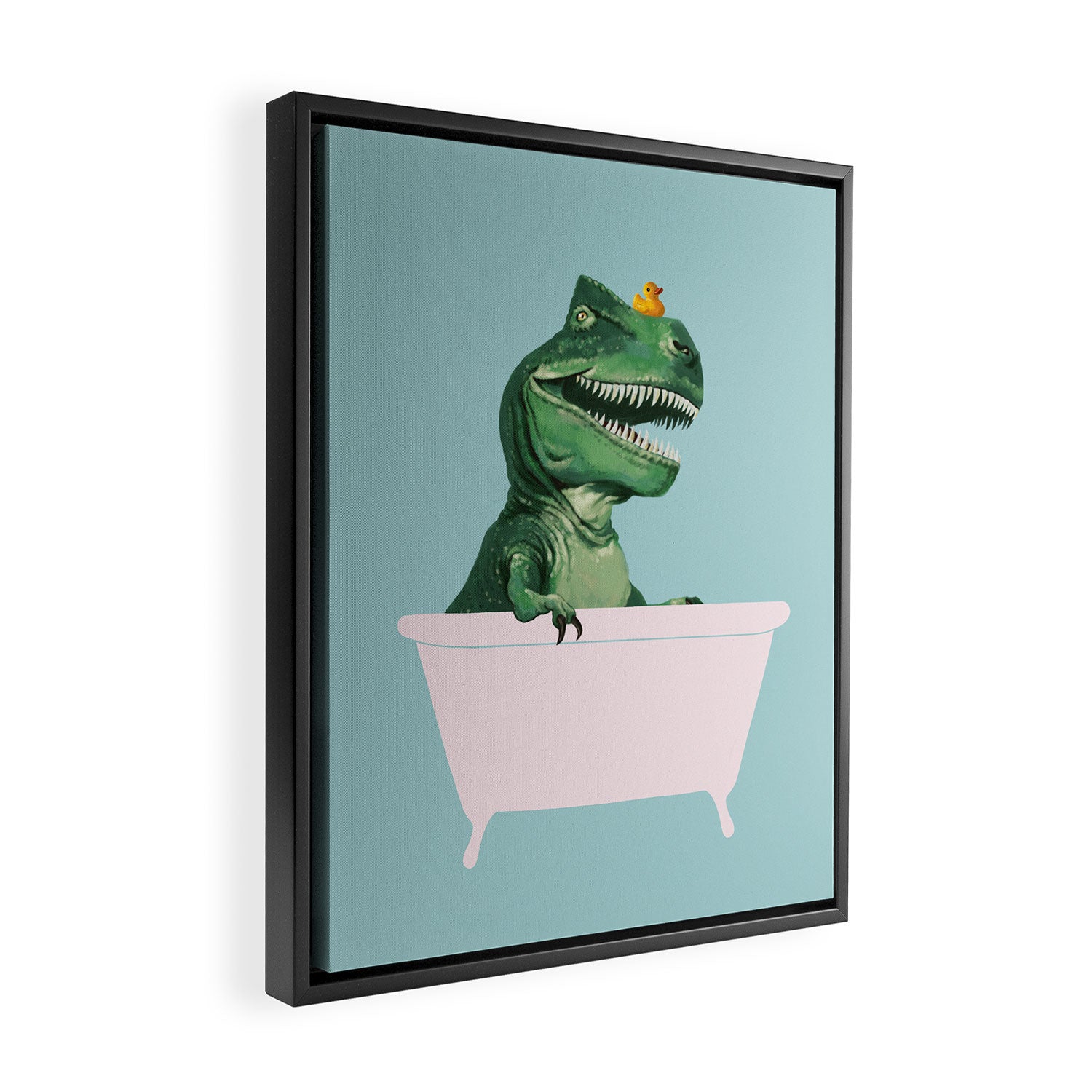 Playful T-Rex in Bathtub in Green Framed Canvas Print Gallery Image 2