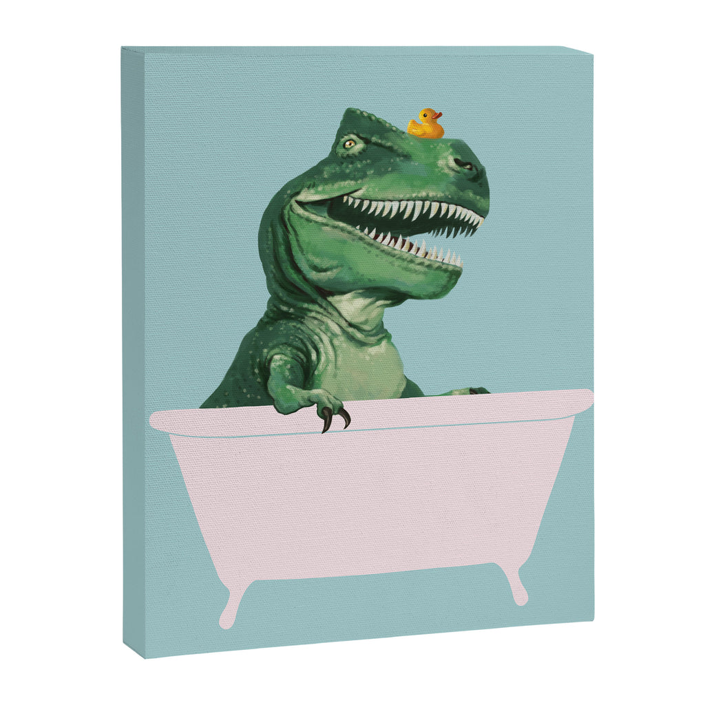 Playful T-Rex in Bathtub in Green Canvas Print Gallery Image 6