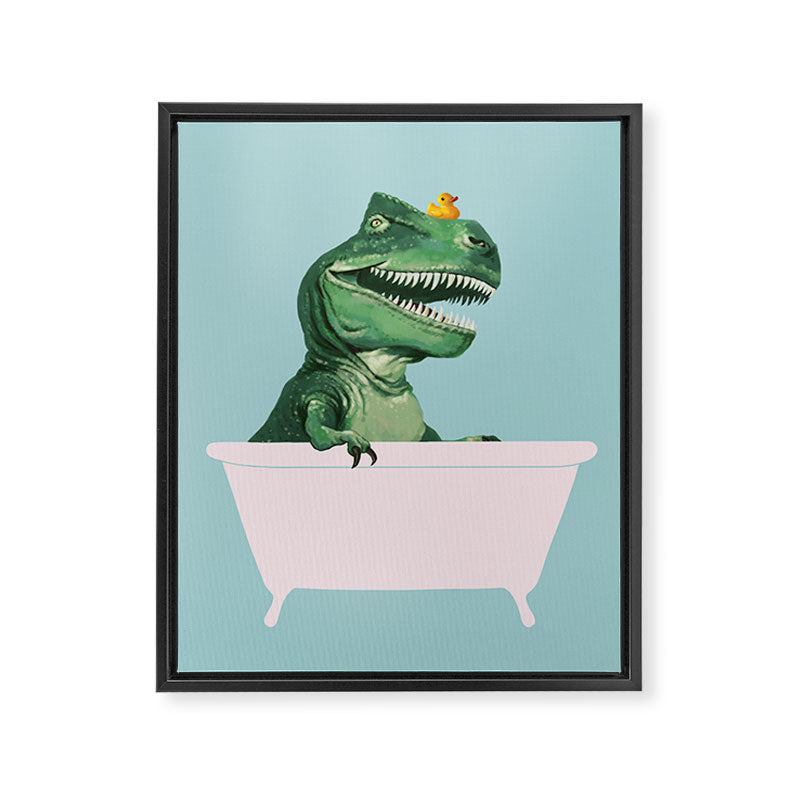 Playful T-Rex in Bathtub in Green Framed Canvas Print Gallery Image 6