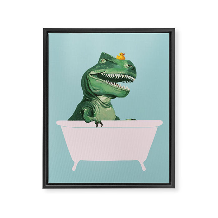 Playful T-Rex in Bathtub in Green Framed Canvas Print Gallery Image 1