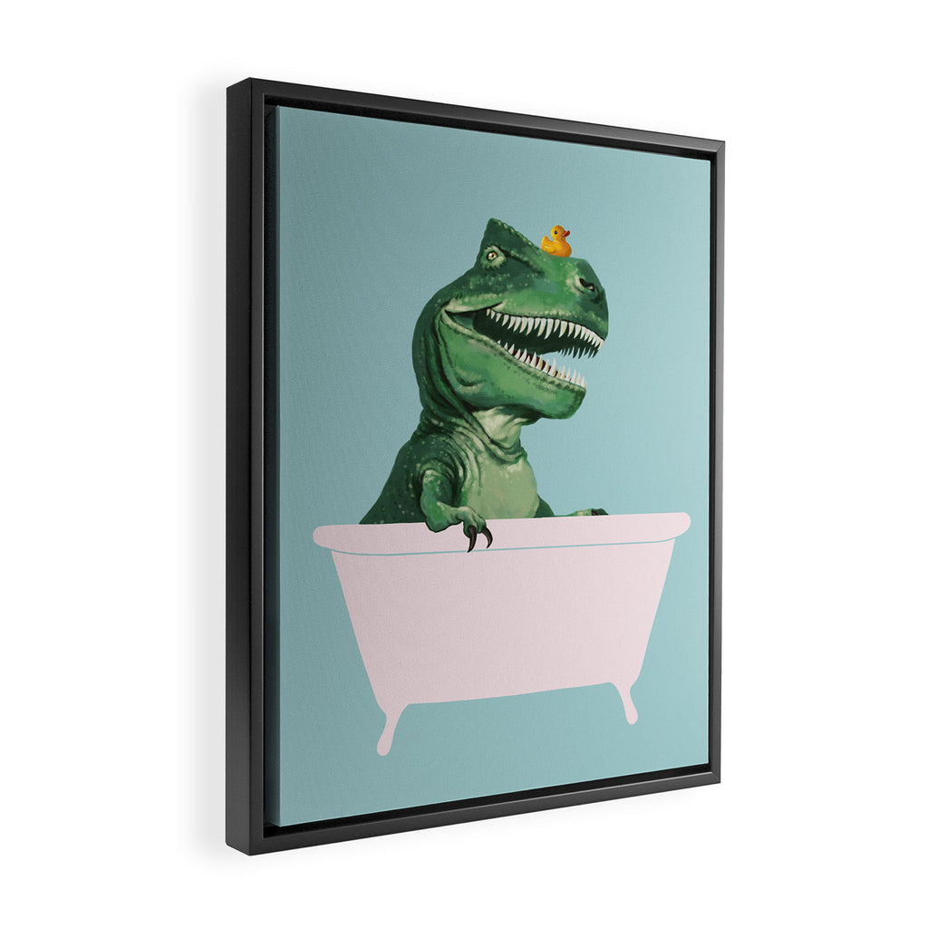 Playful T-Rex in Bathtub in Green Framed Canvas Print Gallery Image 2