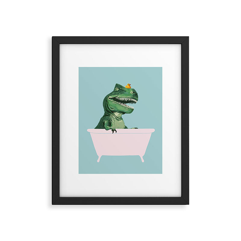 Playful T-Rex in Bathtub in Green Framed Art Print Gallery Image 4