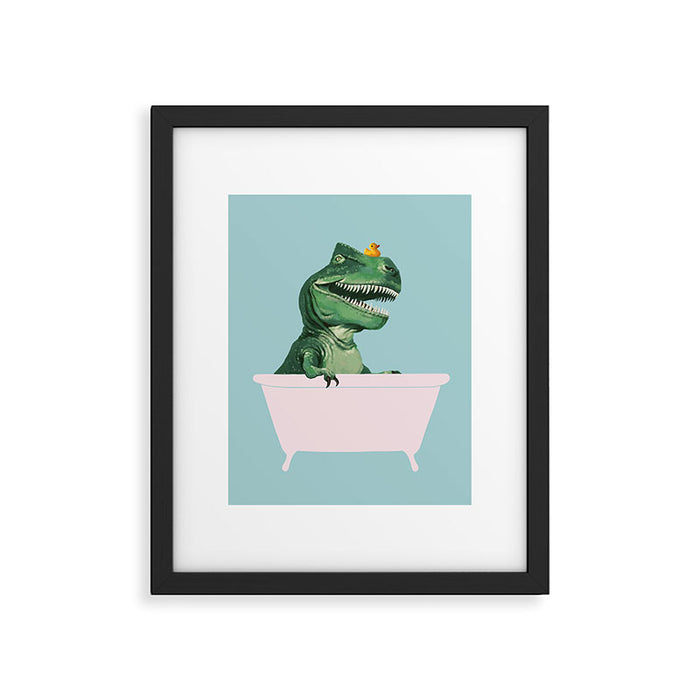 Playful T-Rex in Bathtub in Green Framed Art Print Gallery Image 1