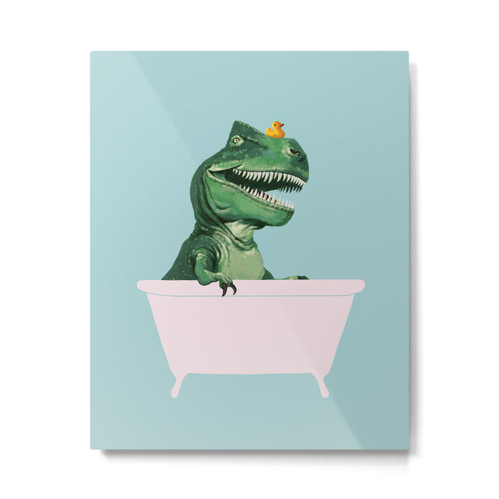 Playful T-Rex in Bathtub in Green Metal Print Gallery Image 1