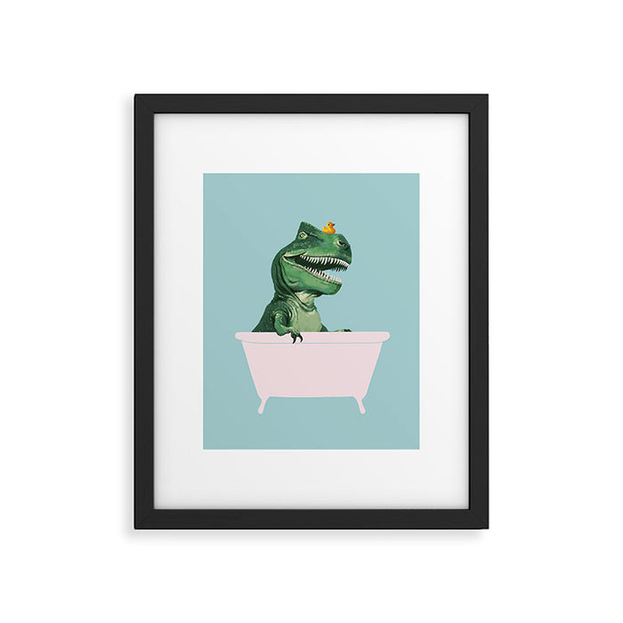 Playful T-Rex in Bathtub in Green Framed Art Print Gallery Image 1