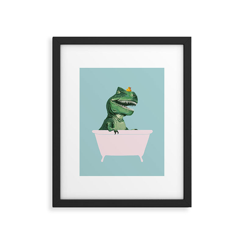 Playful T-Rex in Bathtub in Green Framed Art Print Gallery Image 4