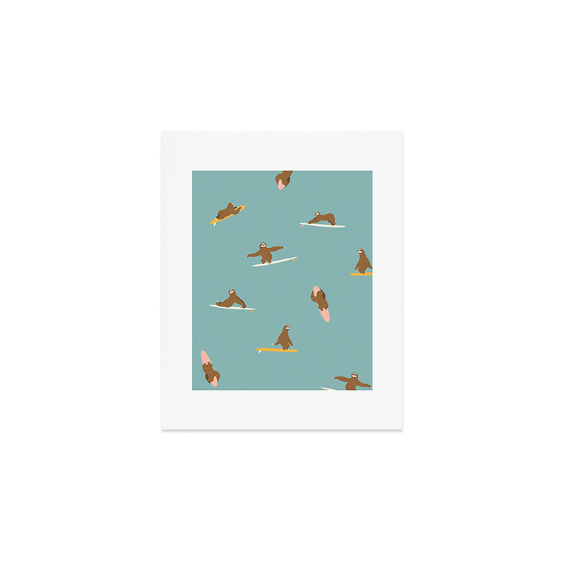Surfing Sloth in Blue Art Print Gallery Image 1