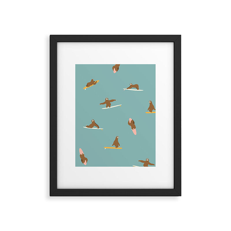 Surfing Sloth in Blue Framed Art Print Gallery Image 6