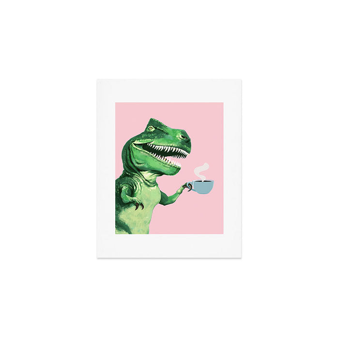 T-Rex Enjoying Coffee in Pink Art Print Gallery Image 1