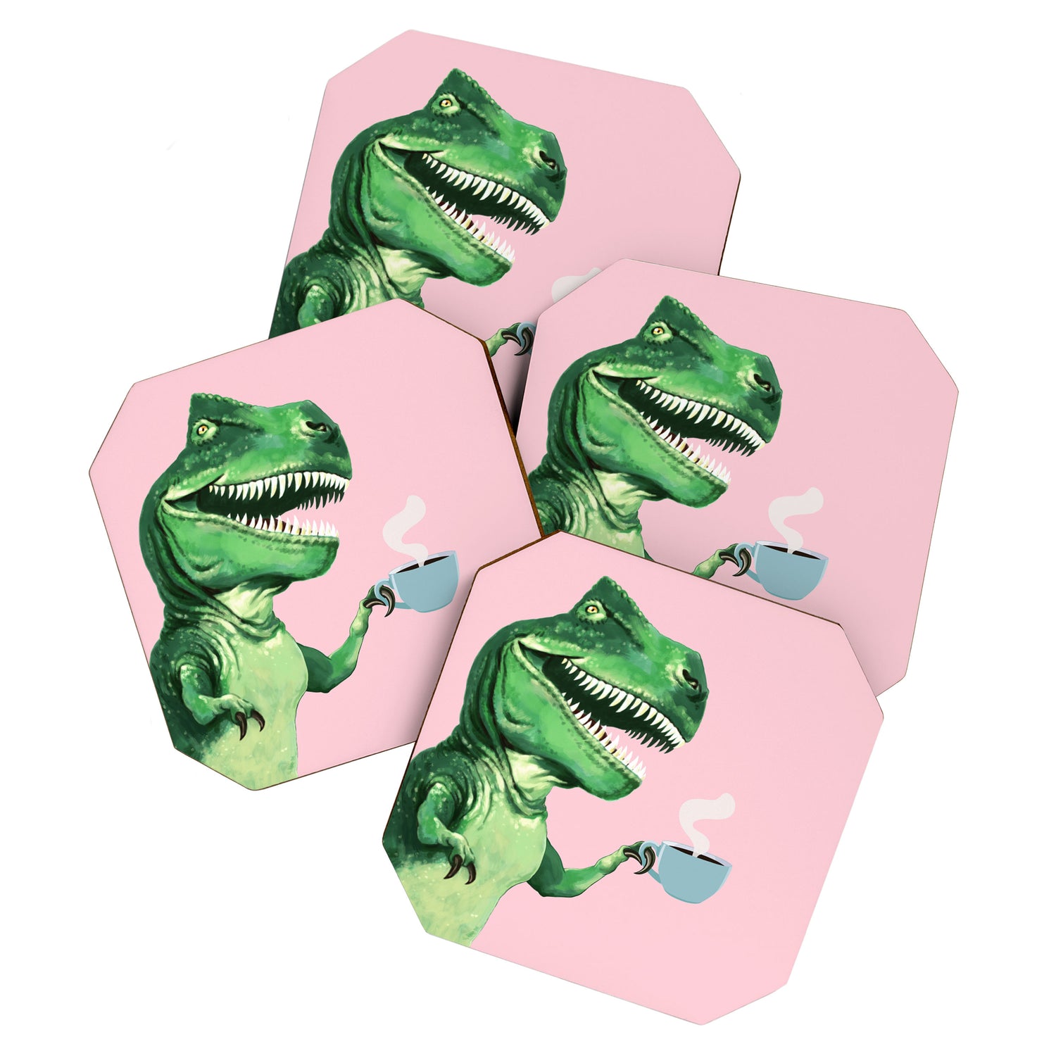 T-Rex Enjoying Coffee in Pink Coaster Gallery Image 1