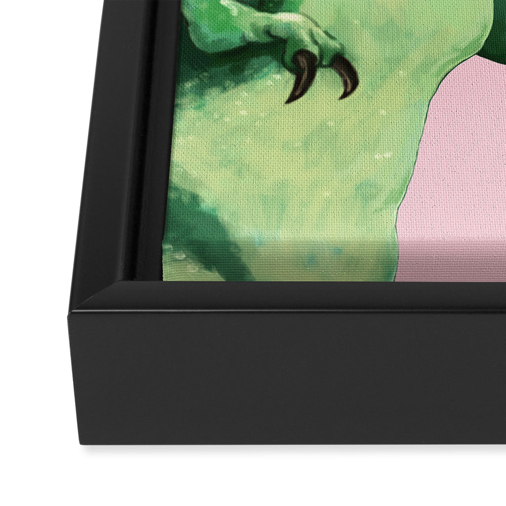 T-Rex Enjoying Coffee in Pink Framed Canvas Print Gallery Image 3