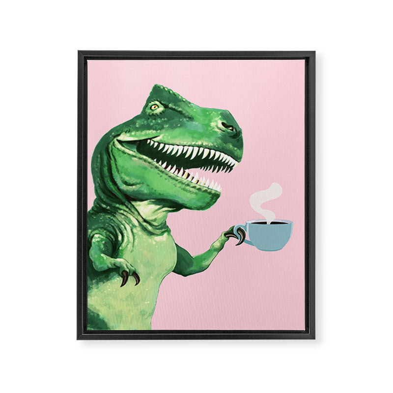 T-Rex Enjoying Coffee in Pink Framed Canvas Print Gallery Image 8