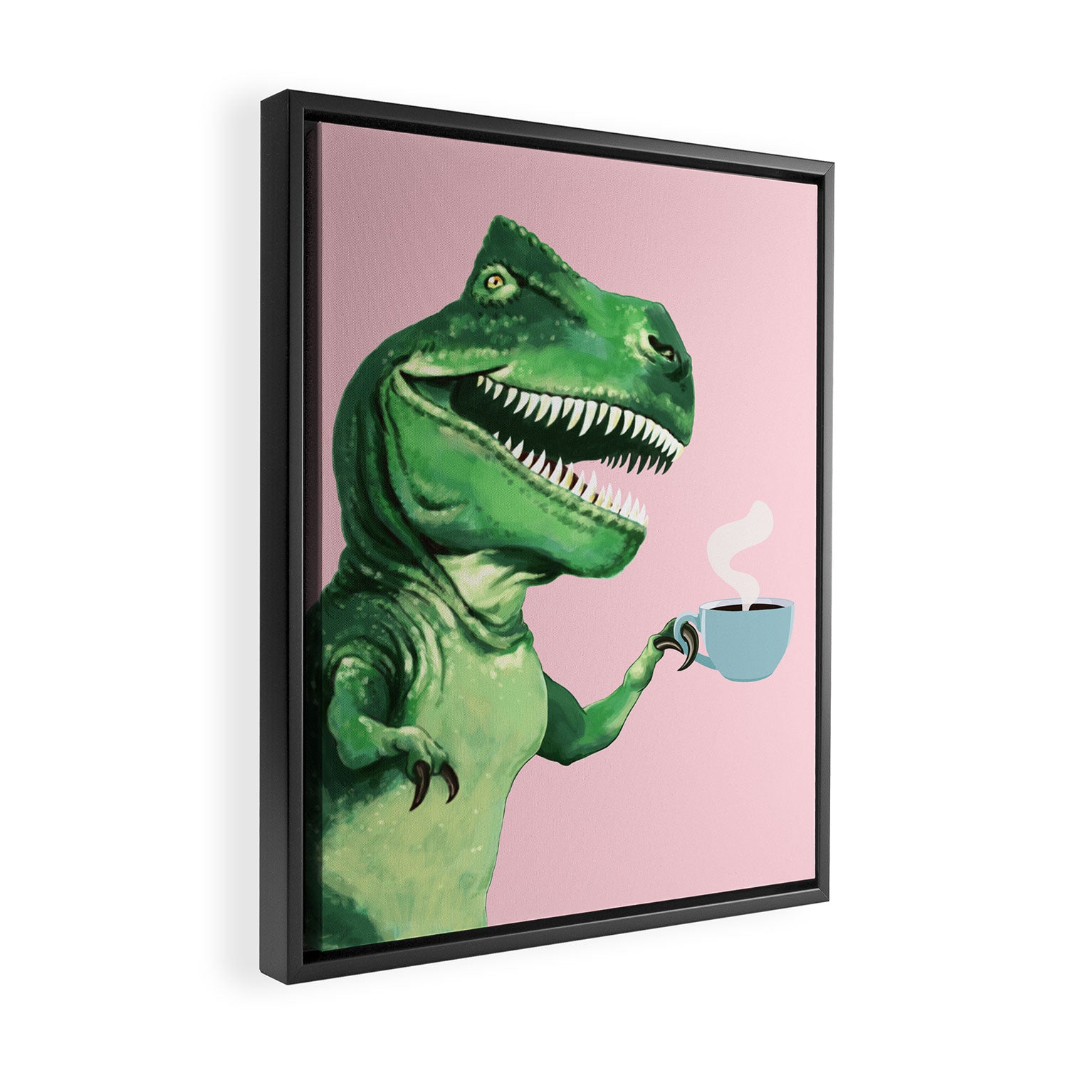 T-Rex Enjoying Coffee in Pink Framed Canvas Print Gallery Image 2