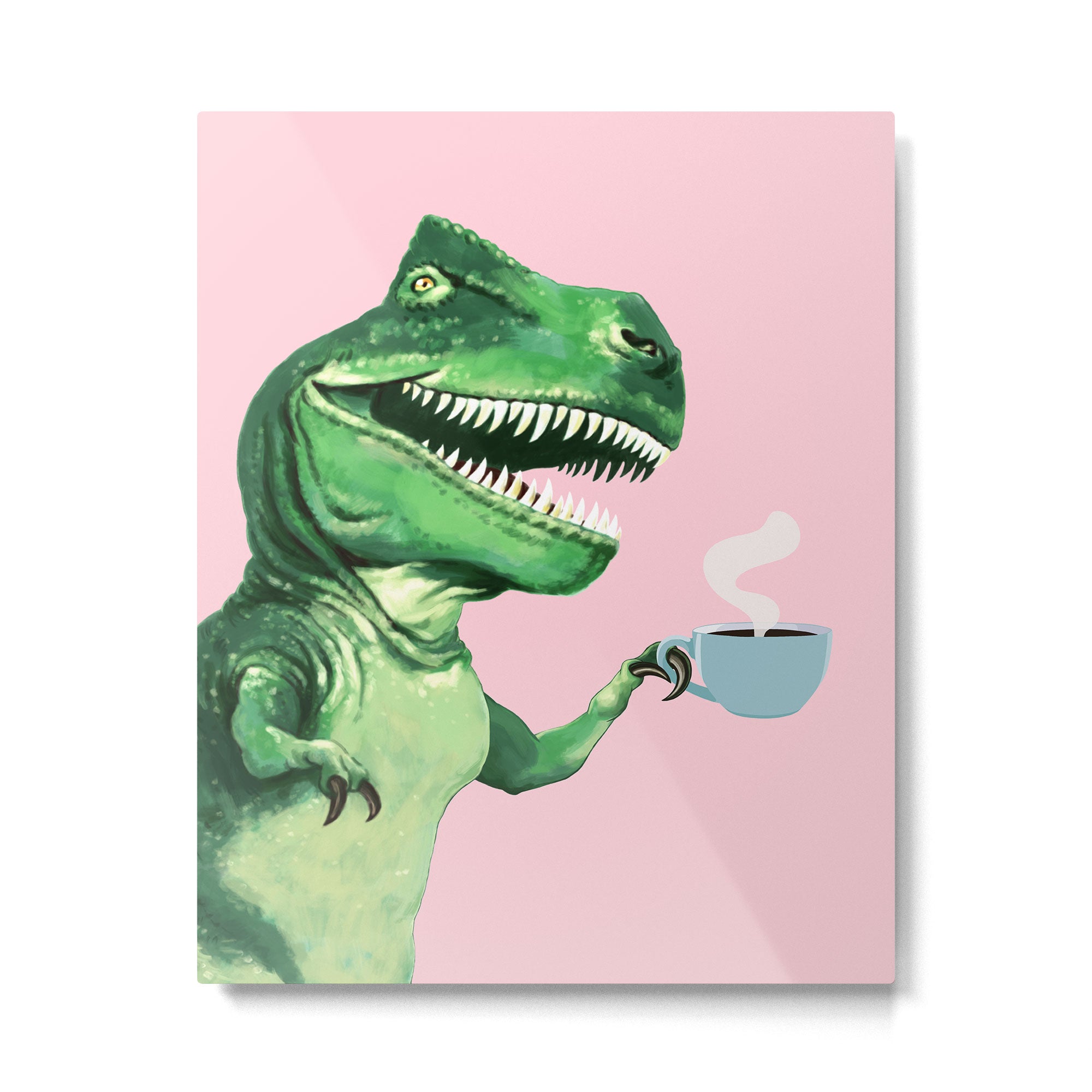T-Rex Enjoying Coffee in Pink Metal Print Gallery Image 6
