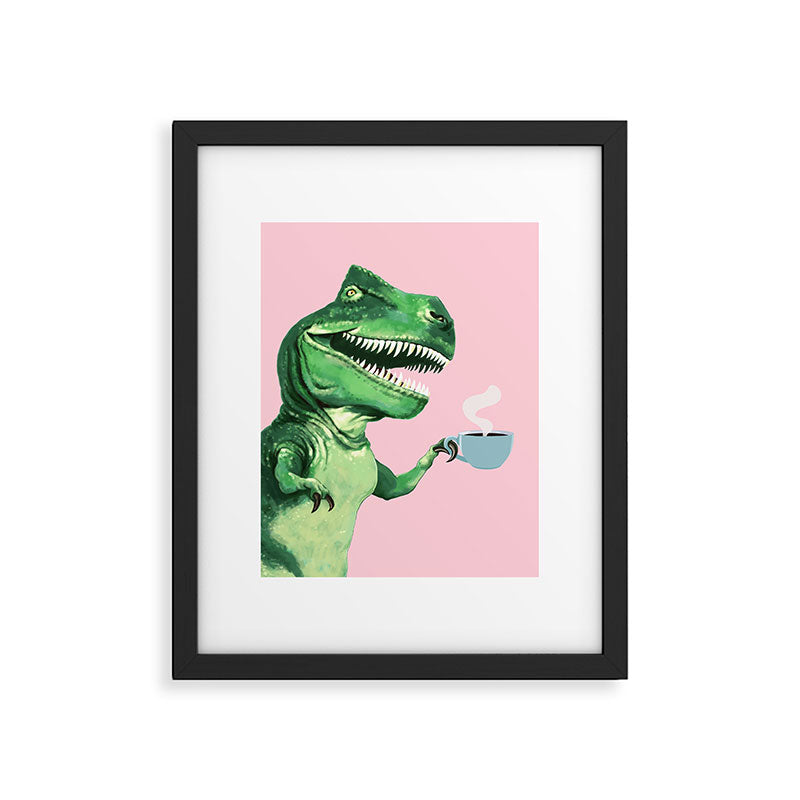 T-Rex Enjoying Coffee in Pink Framed Art Print Gallery Image 4