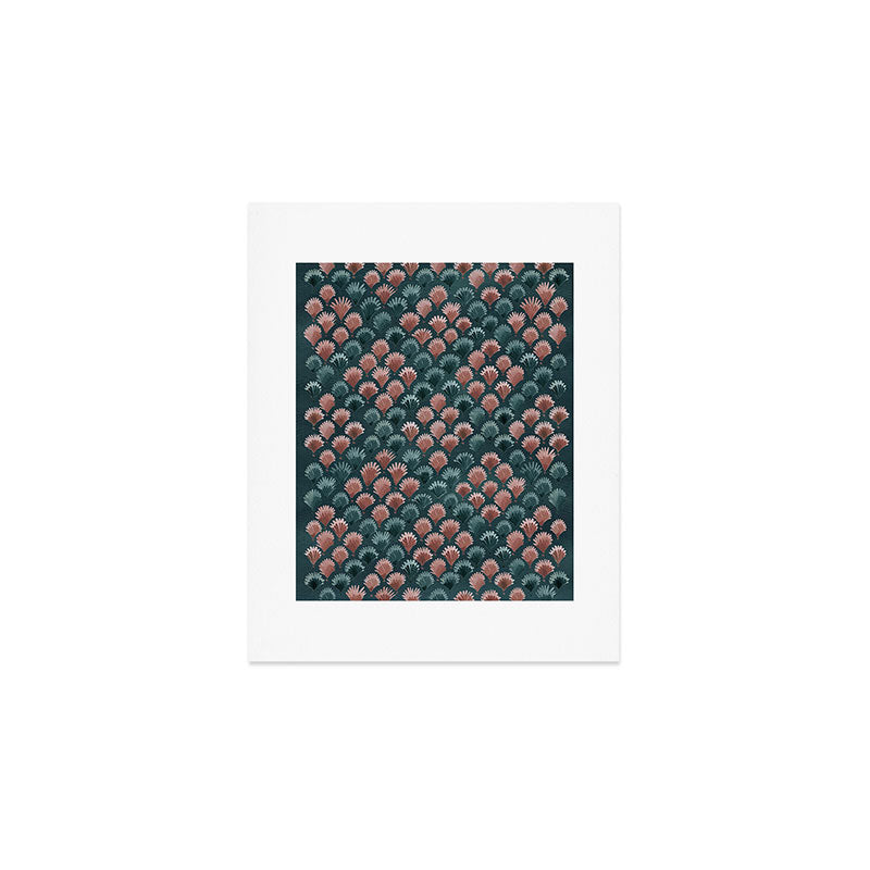 Art Deco scallops Watercolour palmtrees - teal pink Art Print Gallery Image 1