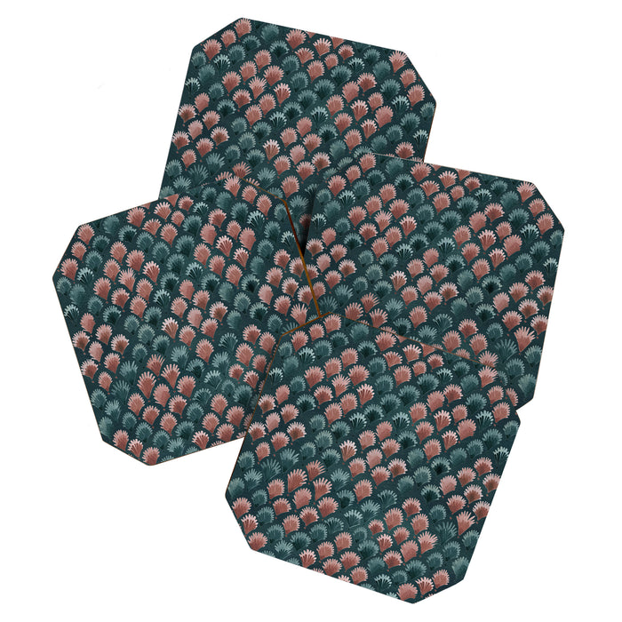 Art Deco scallops Watercolour palmtrees - teal pink Coaster Gallery Image 1