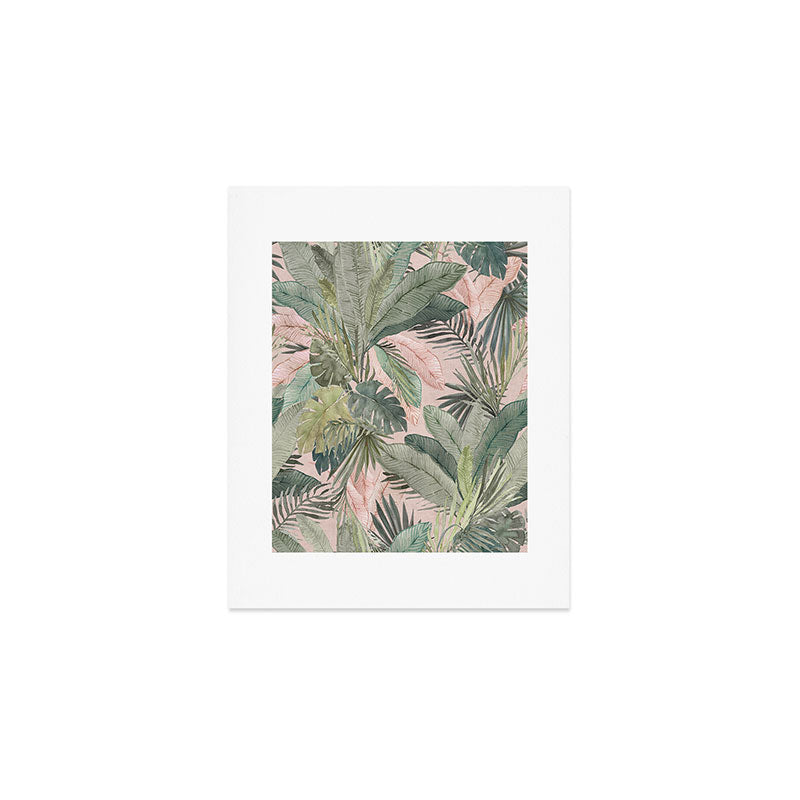 Bali  Pink Jungle Watercolour Palm and Monstera Leaves  Art Print Gallery Image 1