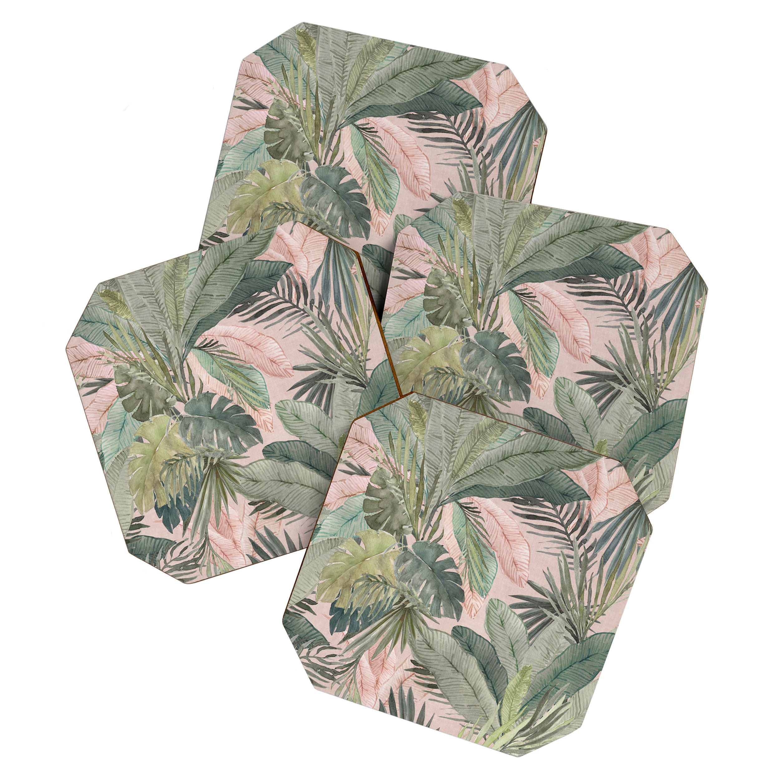 Bali  Pink Jungle Watercolour Palm and Monstera Leaves  Coaster Gallery Image 1