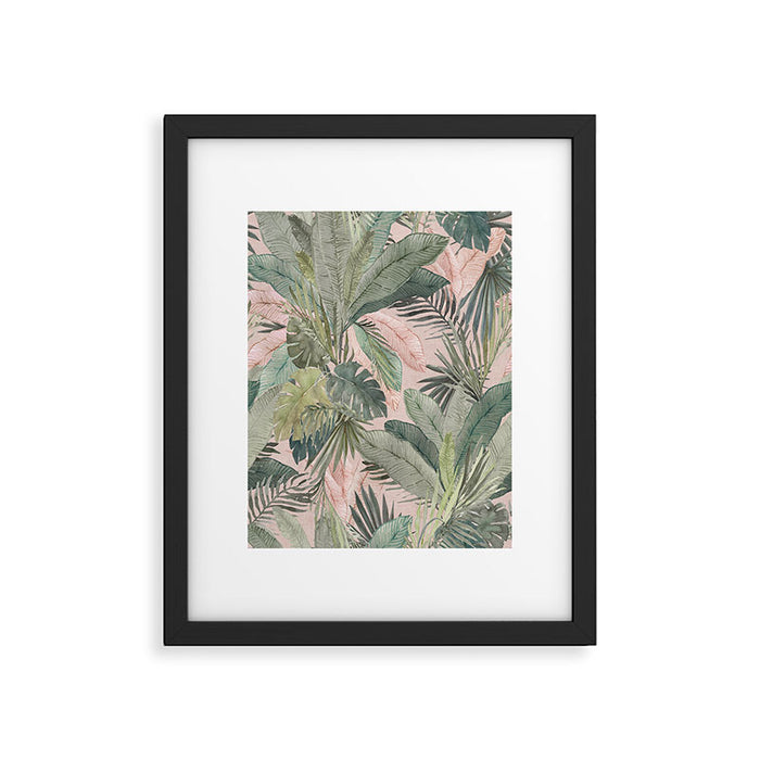 Bali  Pink Jungle Watercolour Palm and Monstera Leaves  Framed Art Print Gallery Image 1