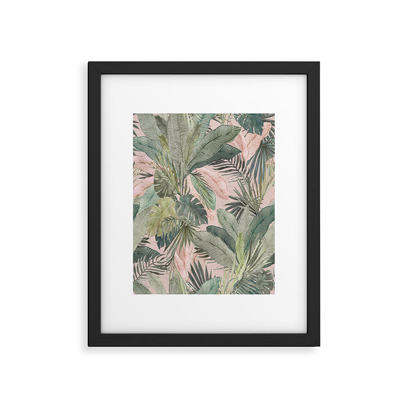 Bali  Pink Jungle Watercolour Palm and Monstera Leaves  Framed Art Print Gallery Image 5