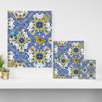 Blue ceramic maiolica tiles, yellow flowers and butterflies Canvas Print Gallery Image 3