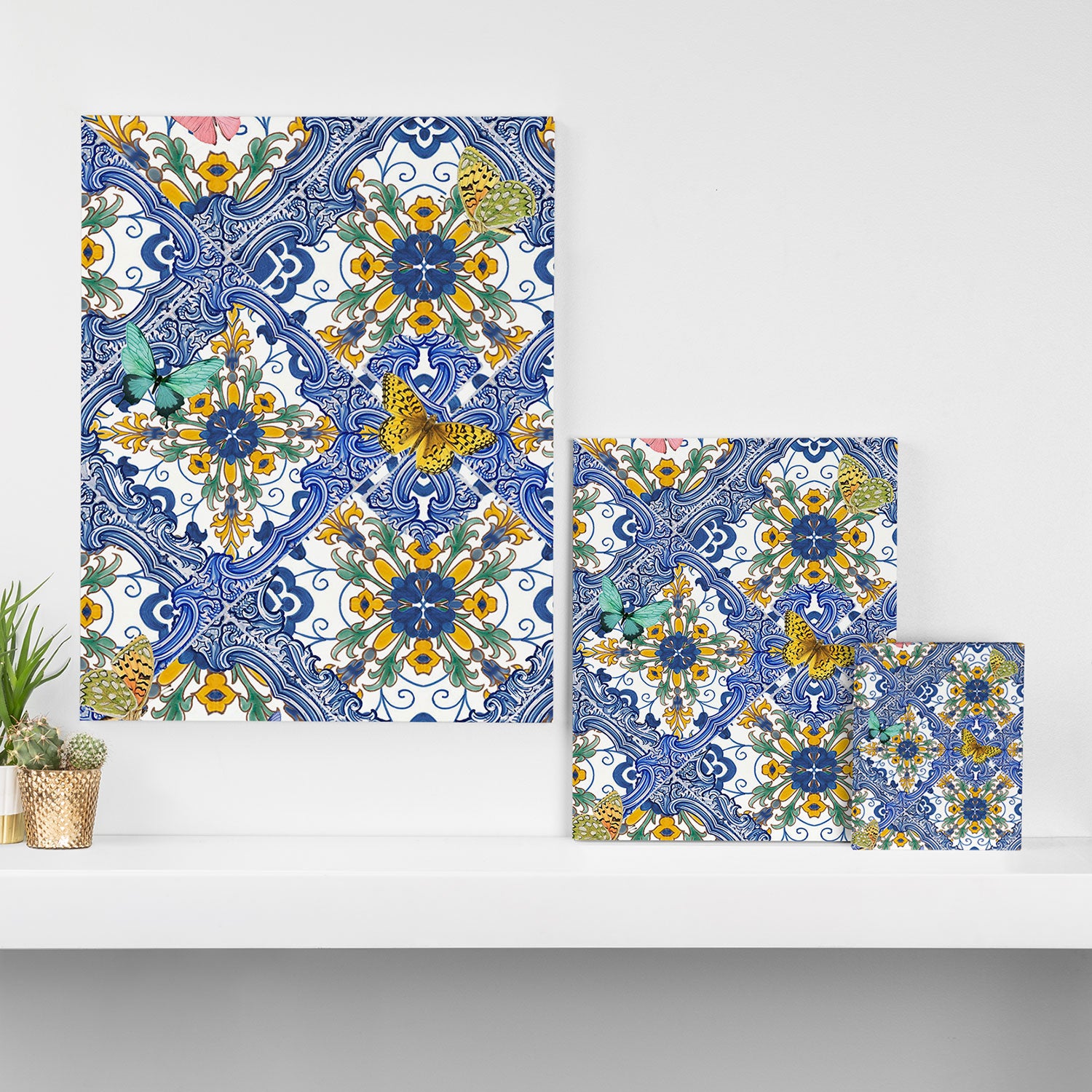 Blue ceramic maiolica tiles, yellow flowers and butterflies Canvas Print Gallery Image 3