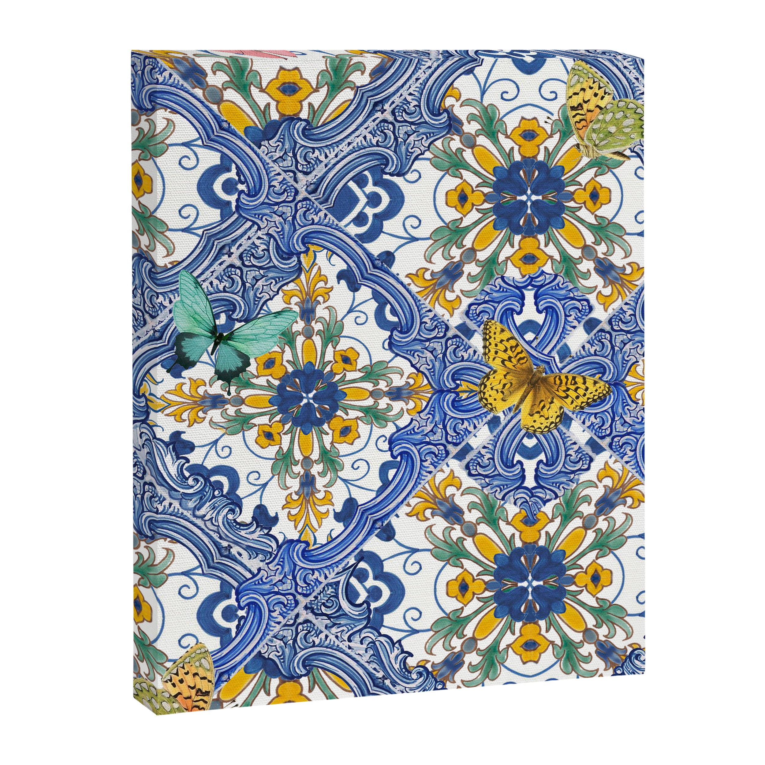 Blue ceramic maiolica tiles, yellow flowers and butterflies Canvas Print Gallery Image 3