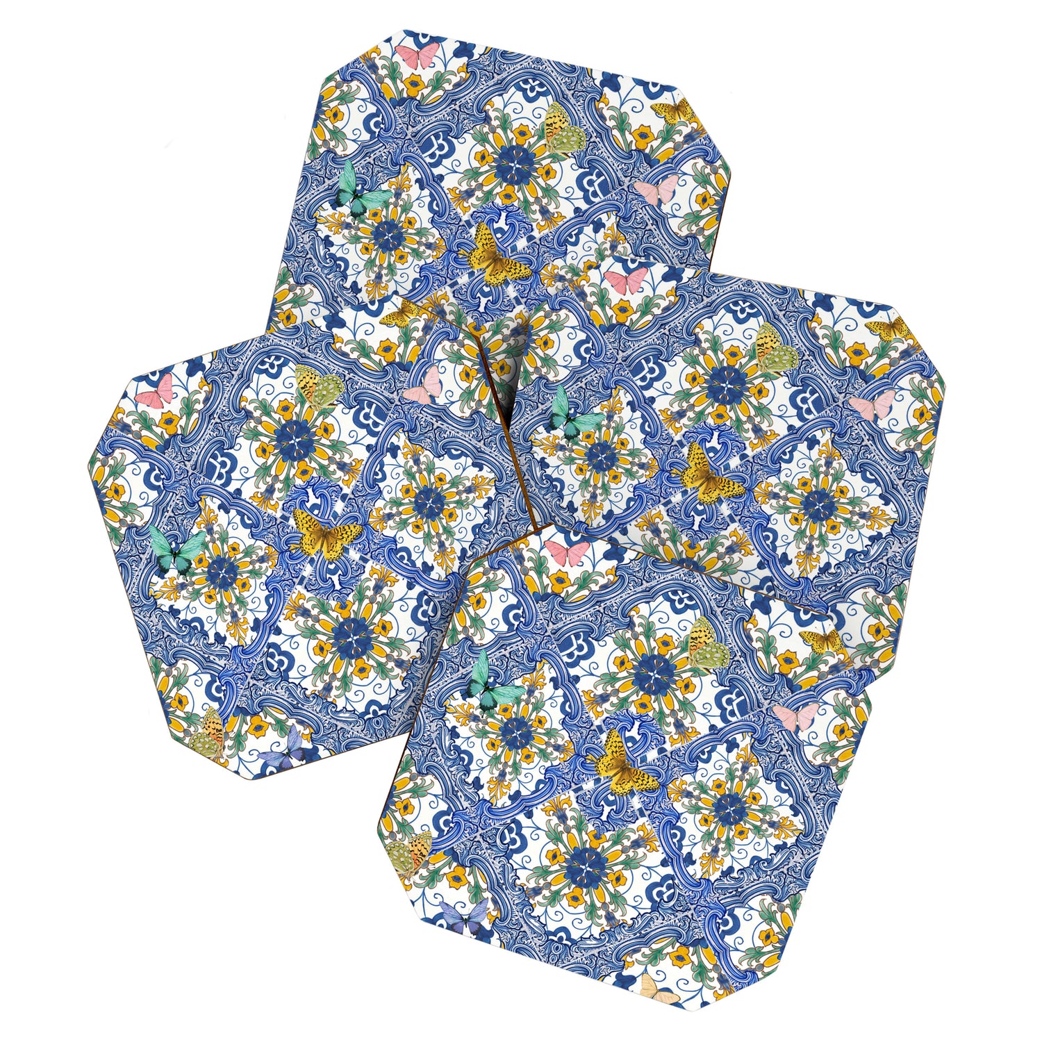 Blue ceramic maiolica tiles, yellow flowers and butterflies Coaster Gallery Image 1
